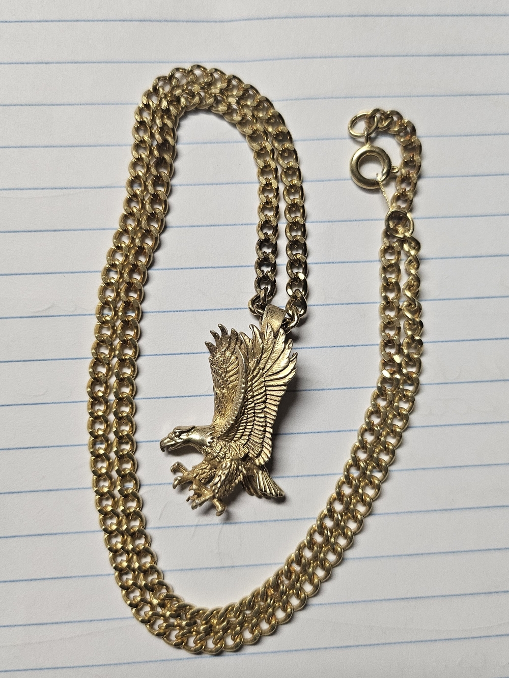 Vintage Gold Tone Flying Eagle Pendant T.M. 1982 Necklace Cuban Link Chain 20"